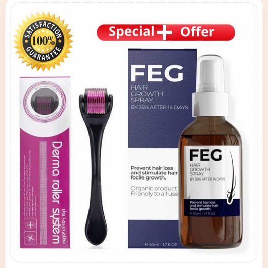 Pack of 2 FEG Hair Growth Spray Plus Derma Roller, Suitable For Both Men and Women